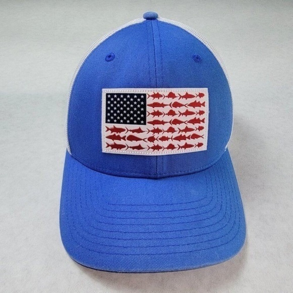 Columbia PFG American Flag Fish Trucker Hat Mens Adjustable Snapback Blue White